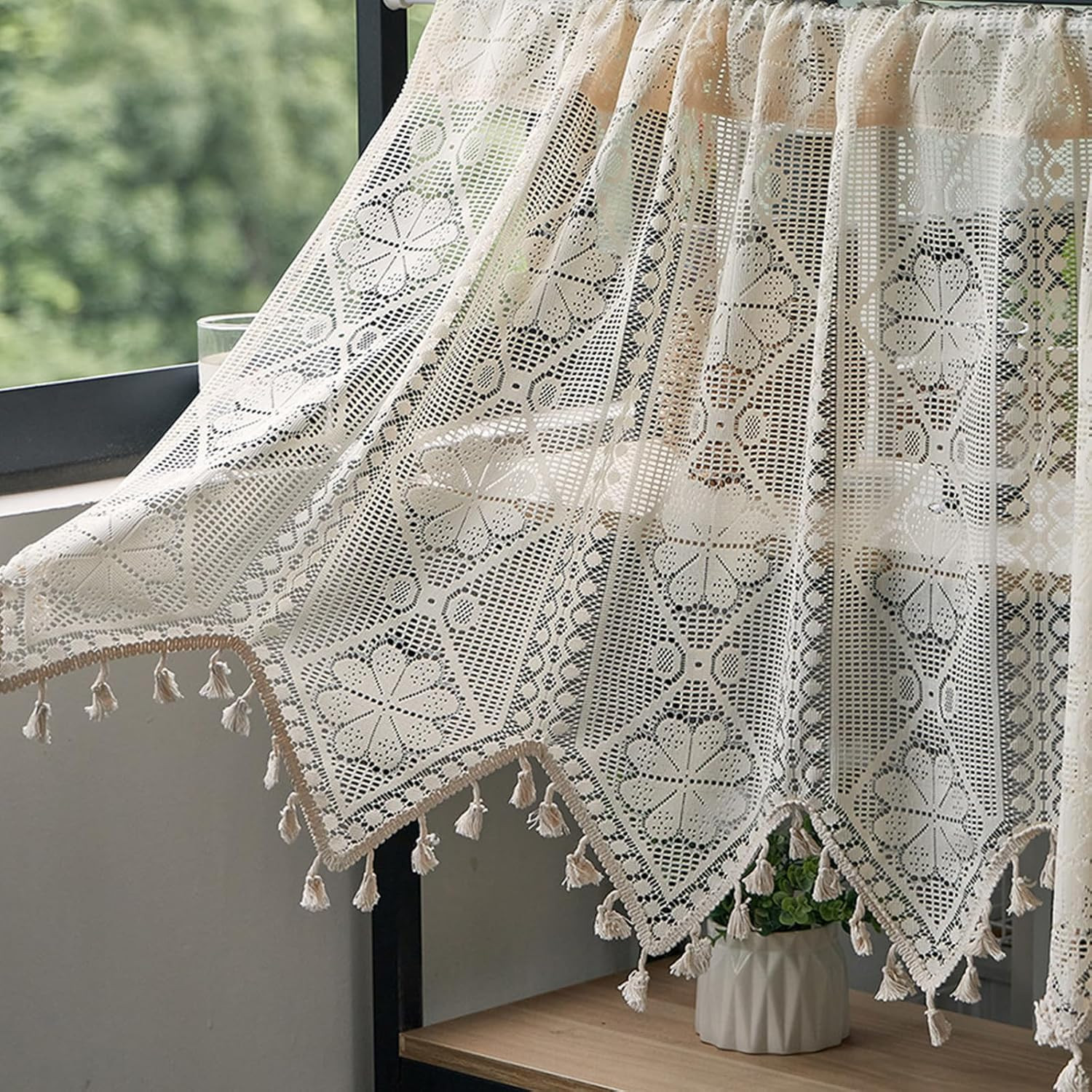 Bohemian Crochet Curtain,Vintage Rod Pocket Valance with Tassels,Curtains for Be