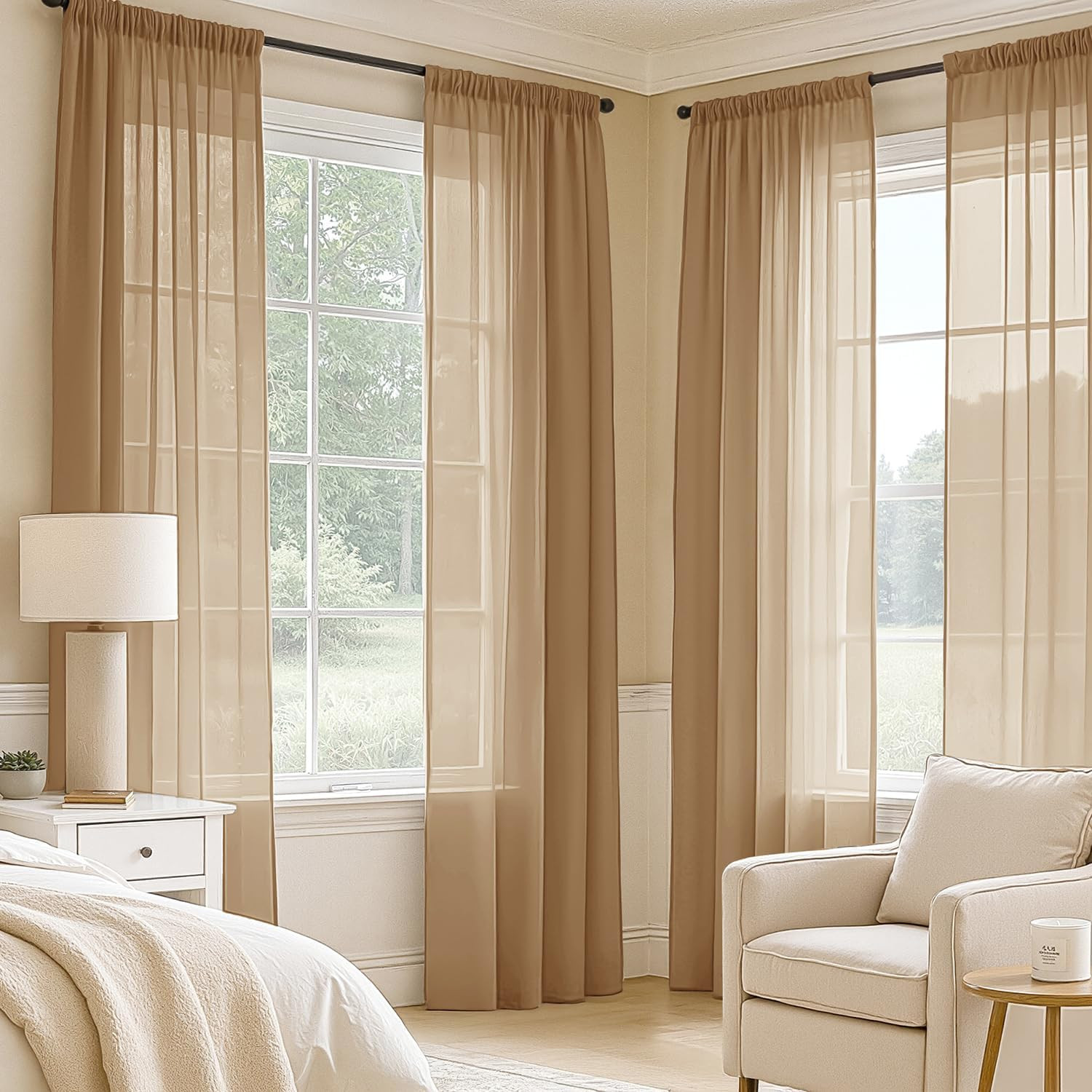 MIULEE Brown Sheer Curtains 63 Inches Long, 4 Panels Set, Rod Pocket Voile Drape