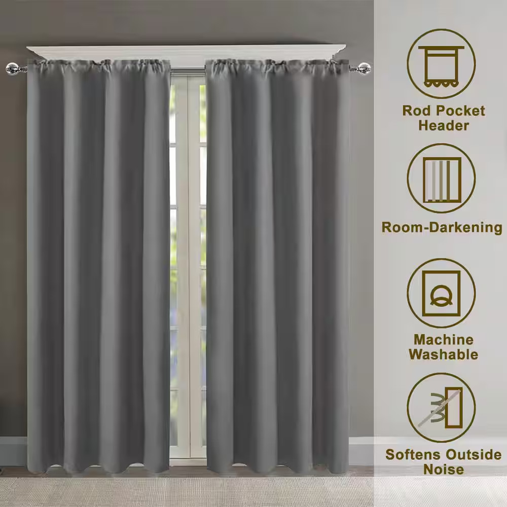 Grey Polyester 42 In. W X 45 In. L Insulated Thermal Rod Pocket Indoor Blackout