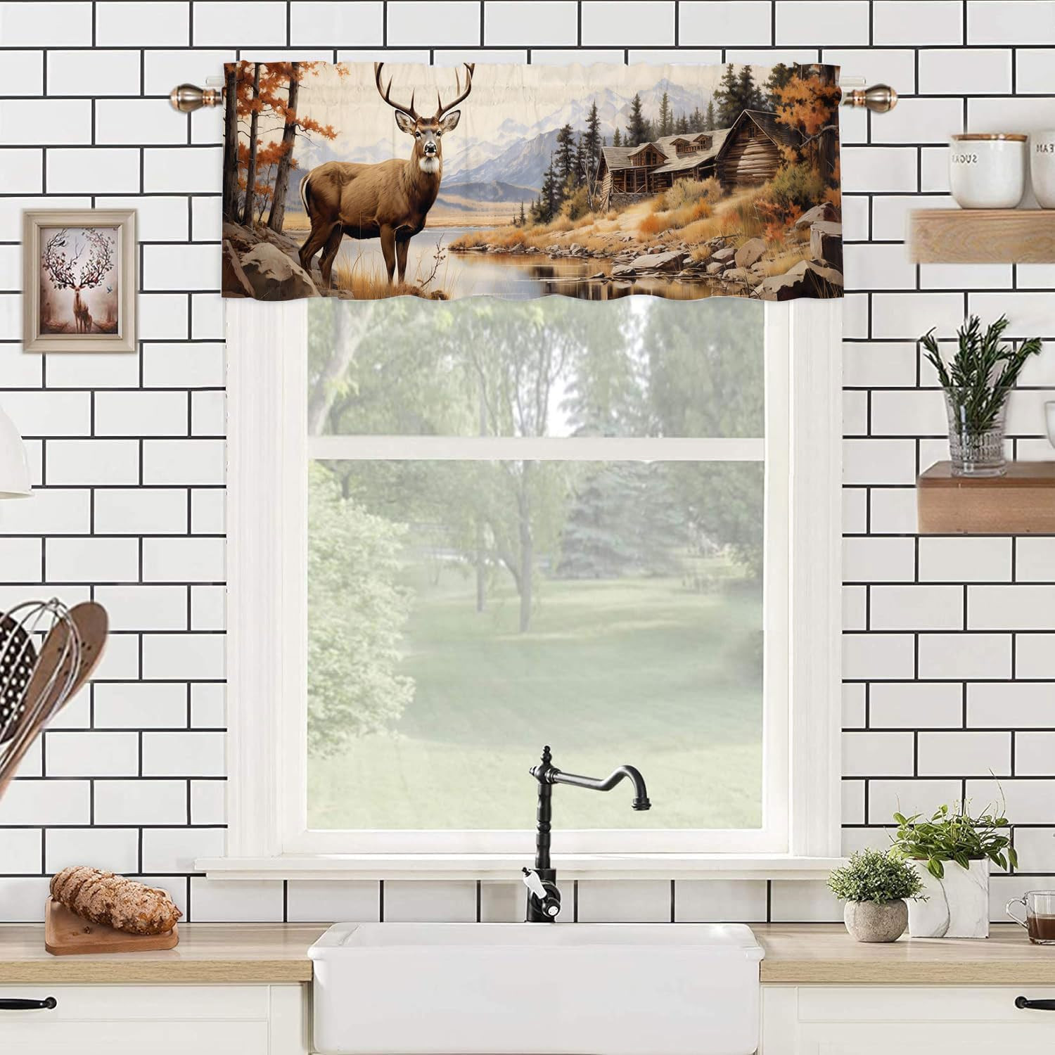Rustic Cabin Deer Window Curtain Valance Fall Forest Elk Wildlife Animal Autumn