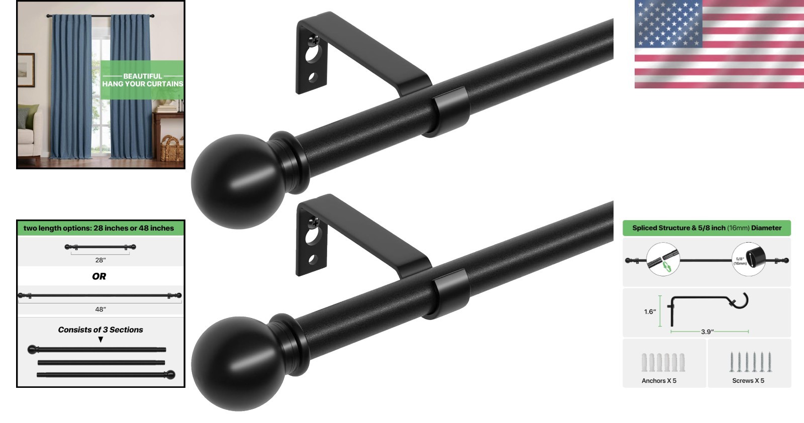 Complete Installation 2 Pack Black Wall Mounted Curtain Rods 28-48