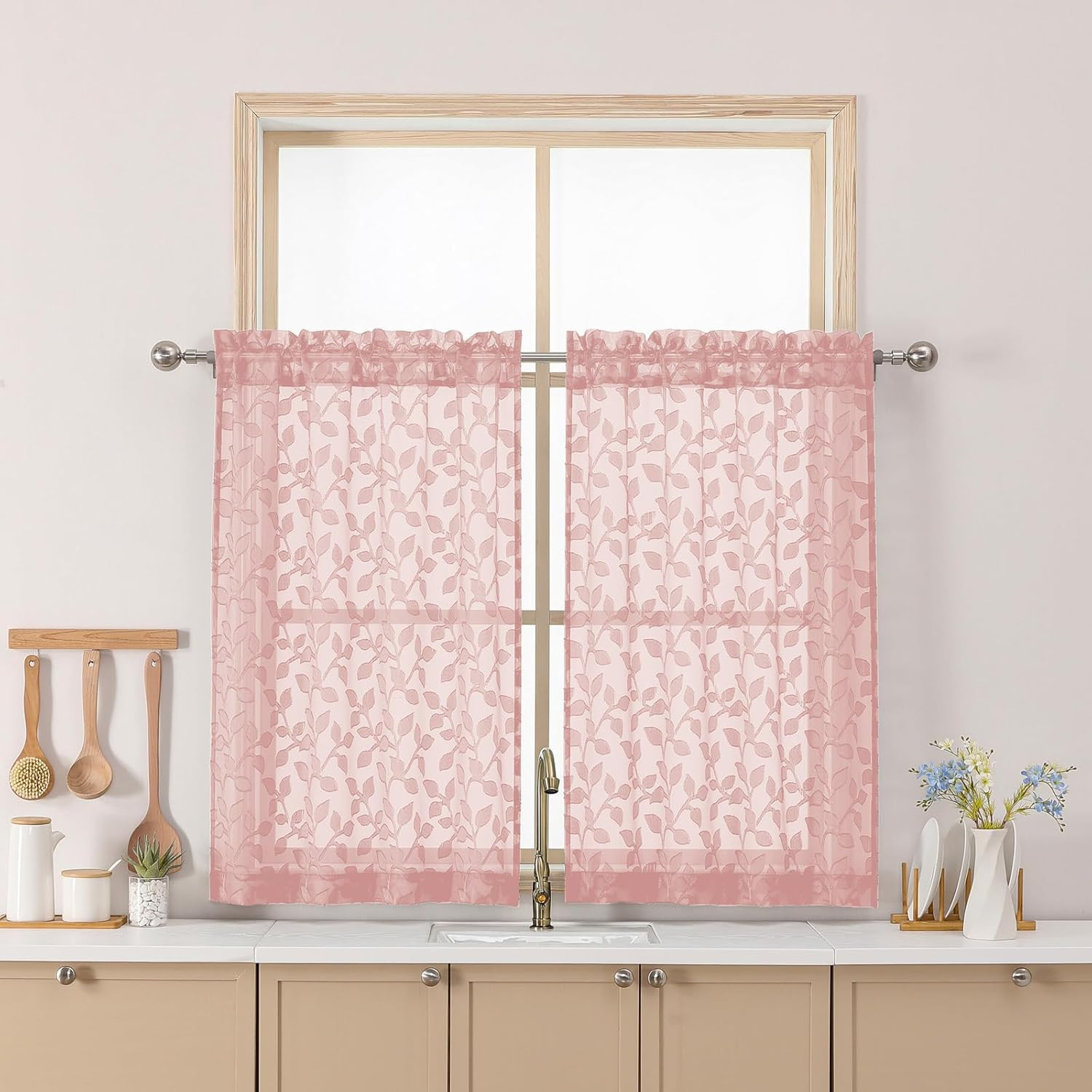 Blush Pink Sheer Curtains 36 Inch Length, Light Filtering Leaf Tufted Textured S