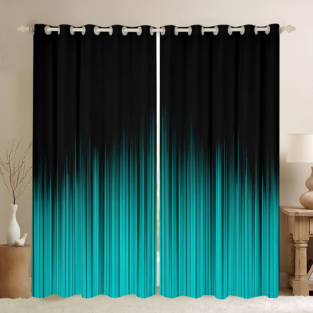 Feelyou Teal Black Geometric Ombre Boho Window Curtains Kids Teens 2 Panels