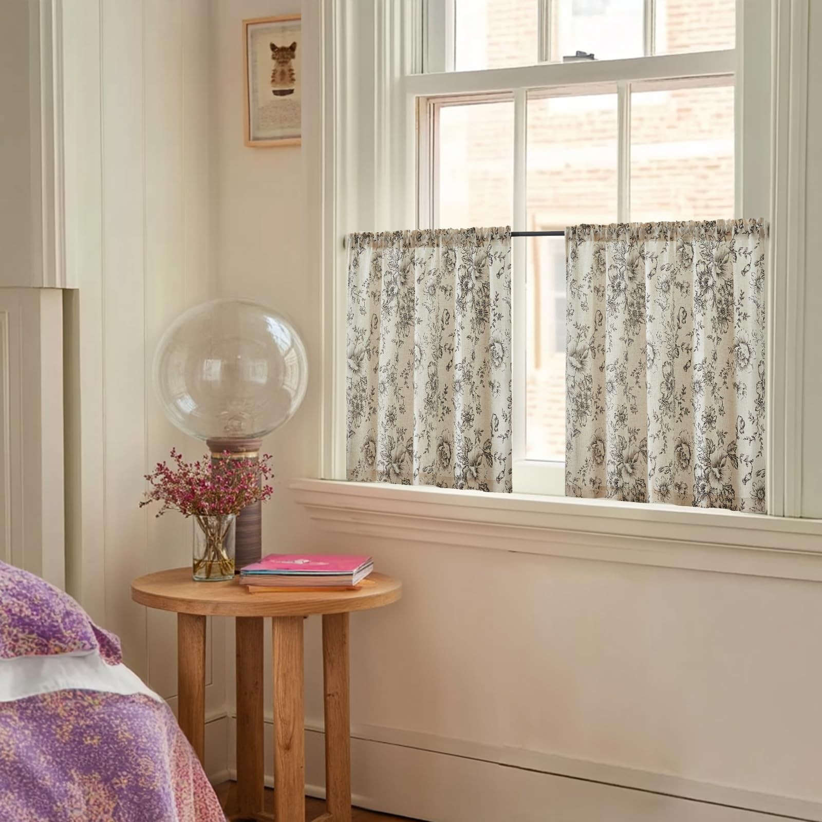 Linen Cafe Curtains 24 in Black Floral Farmhouse Tier 2 Panels
