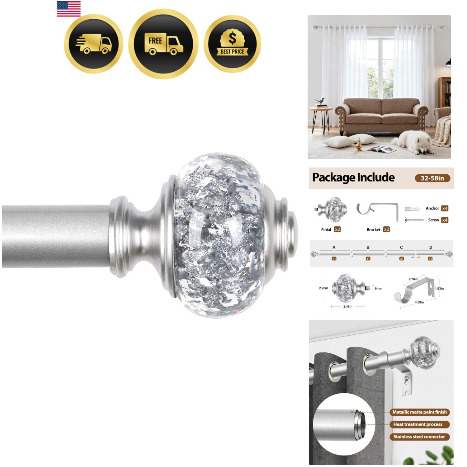 Curtain Rod 32 to 58 Inches 2.6-4.8ft, 7/8 inch Telescoping Splicing Curtain …