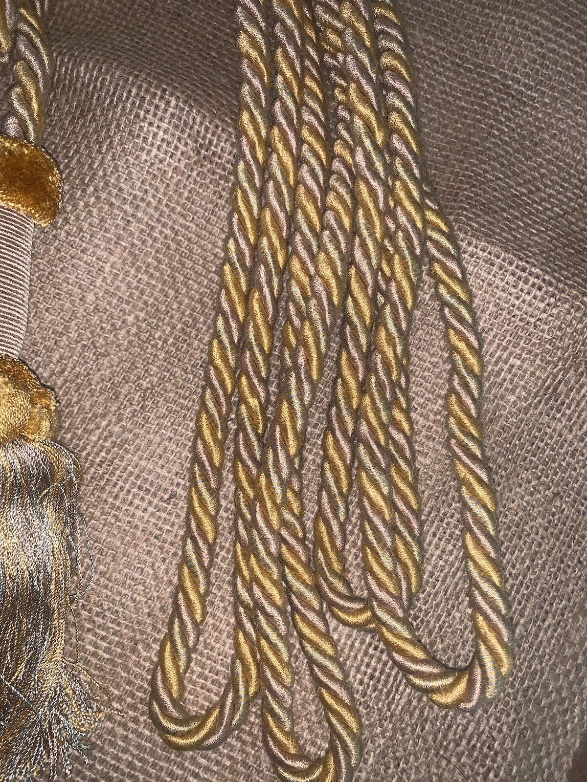 Set/2 Curtain Tie Backs Gold Blue Tan Tassels 27.5”L Wdetail Loop cord 7.5”L W/o