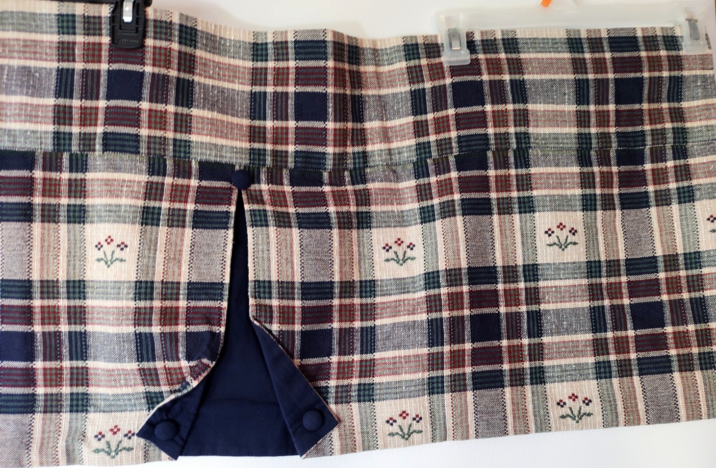 2 Rustic Country Plaid Checked Valances with Buttons & Flowers~56 in x 17 in