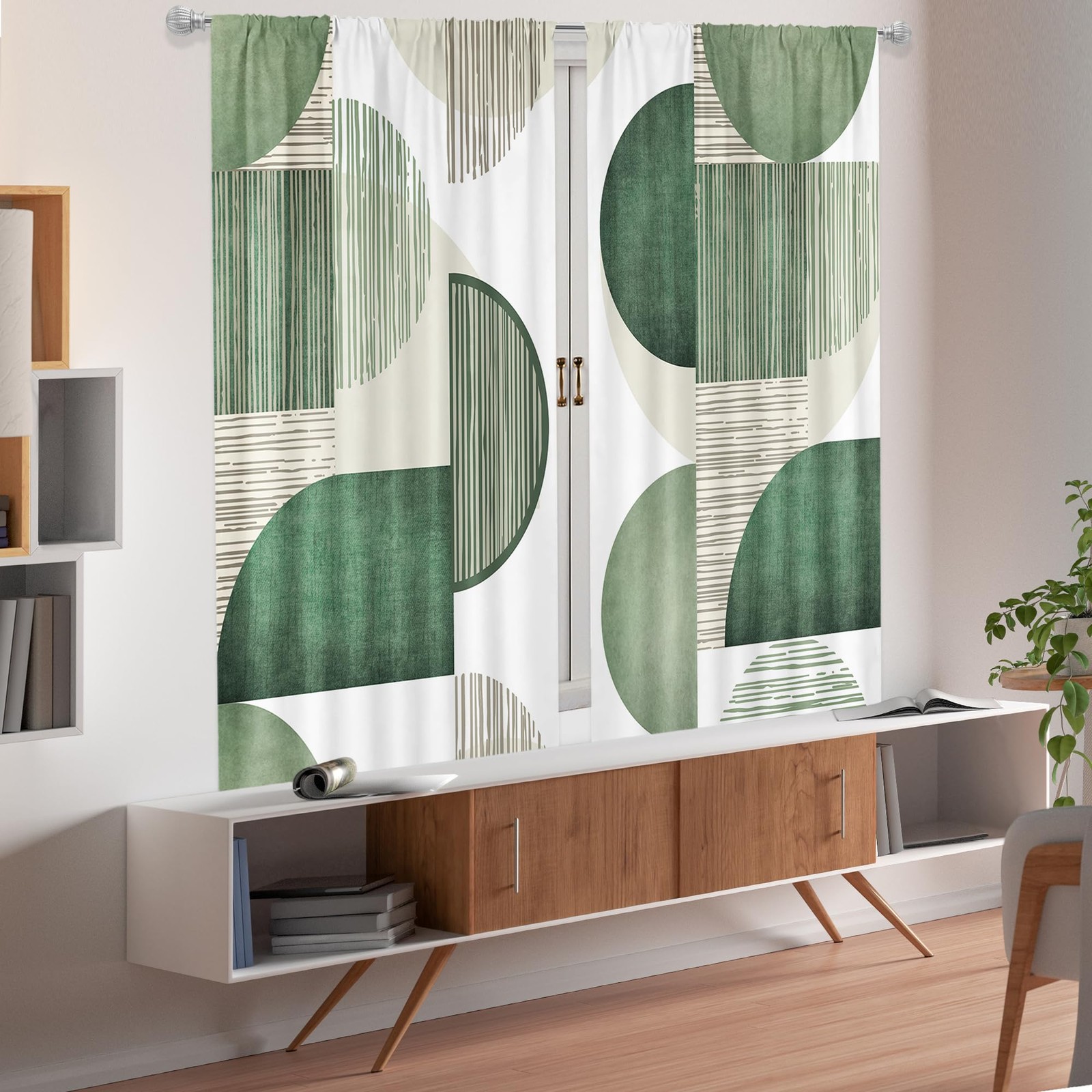 Abstract Geometric Green Curtains 42Wx63H Inch Rod Pocket Modern Minimalist S…