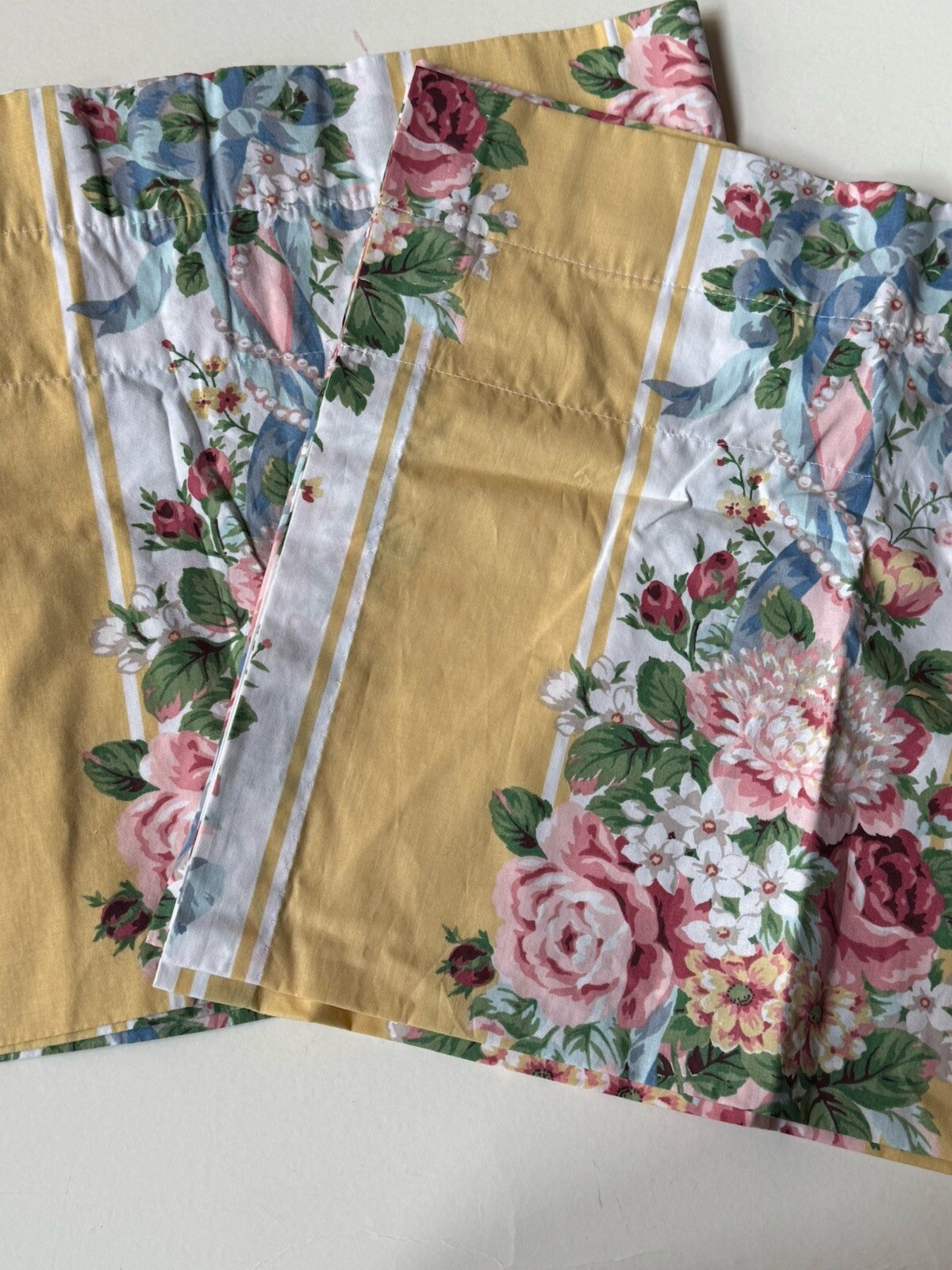 PAIR Vintage CROSCILL Home *PRINCESS YELLOW Floral VALANCES Stripe Blouson 88×17