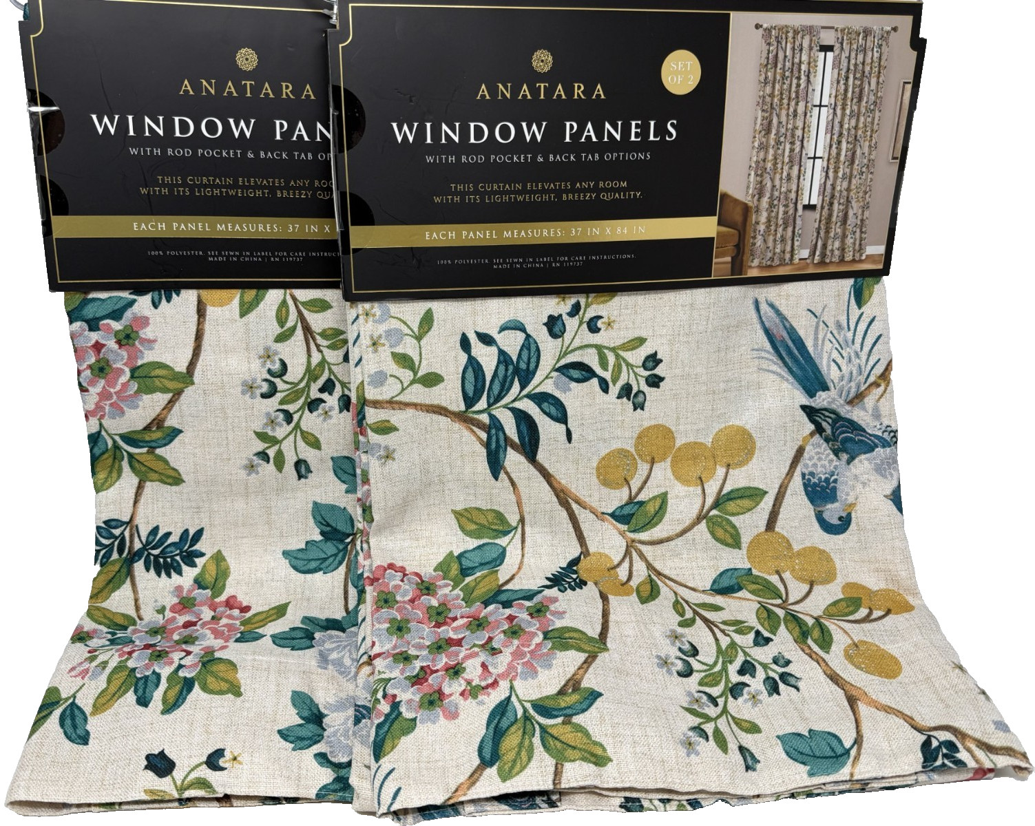 New Anatara Floral Birds Curtains Drapes Panels 37″ x 84″ Set of 4