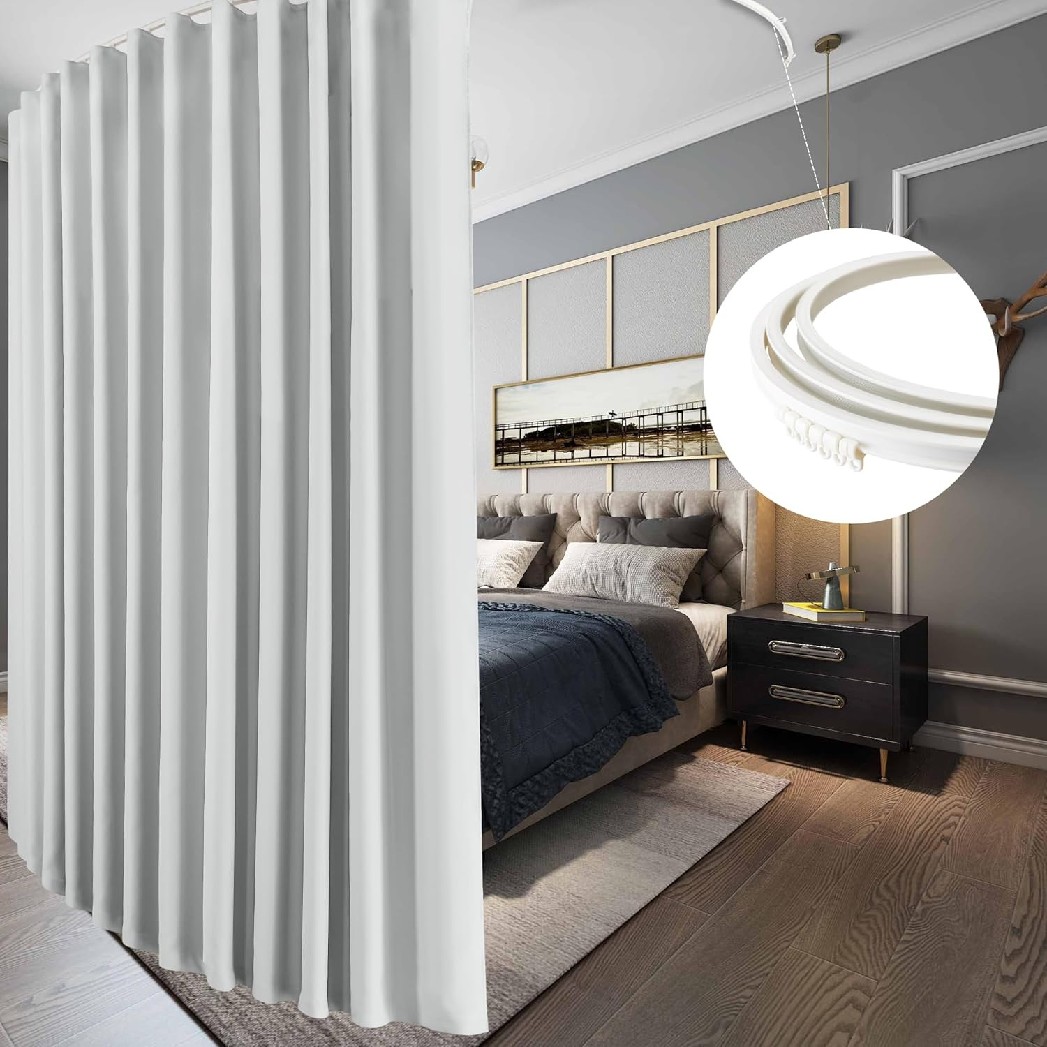 Blackout Room Divider Curtains with Flexible Track, Greyish White, 100x108cm