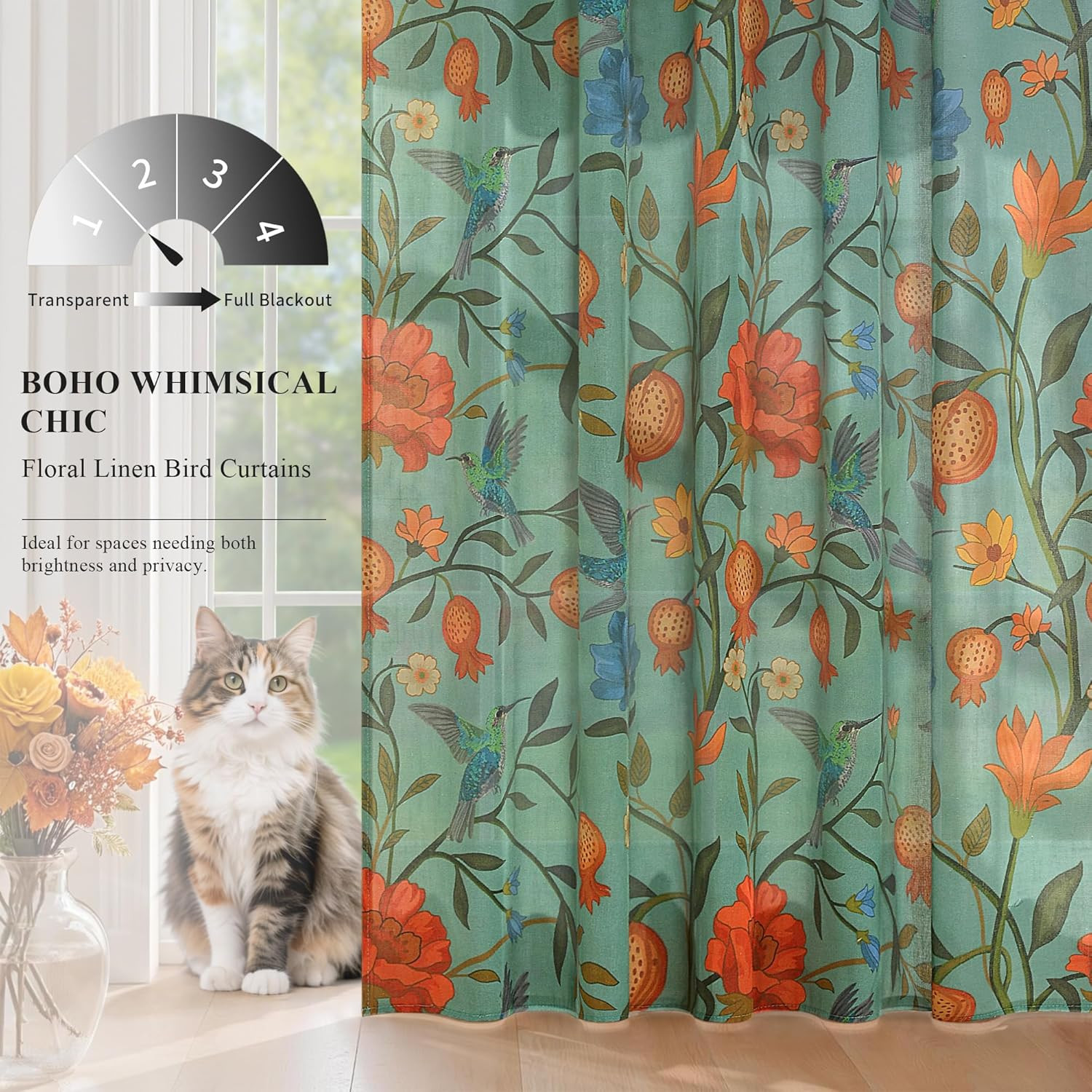 Green Boho Floral Linen Curtains Whimsical Semi Sheer Botanical Block Print Cot