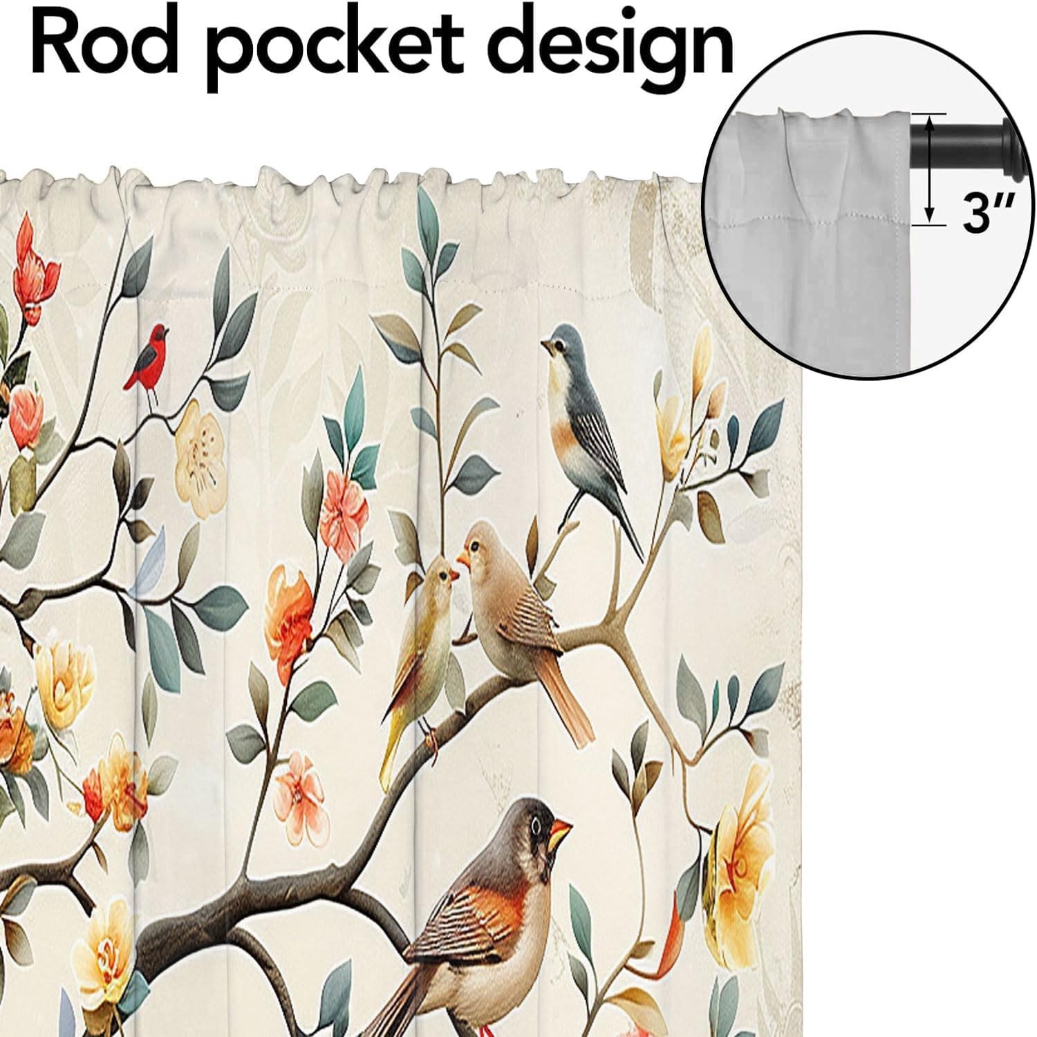 Bird Kitchen Curtain Valances Boho Tree Fallen Leaf Cartoon Beige Rod Pocket