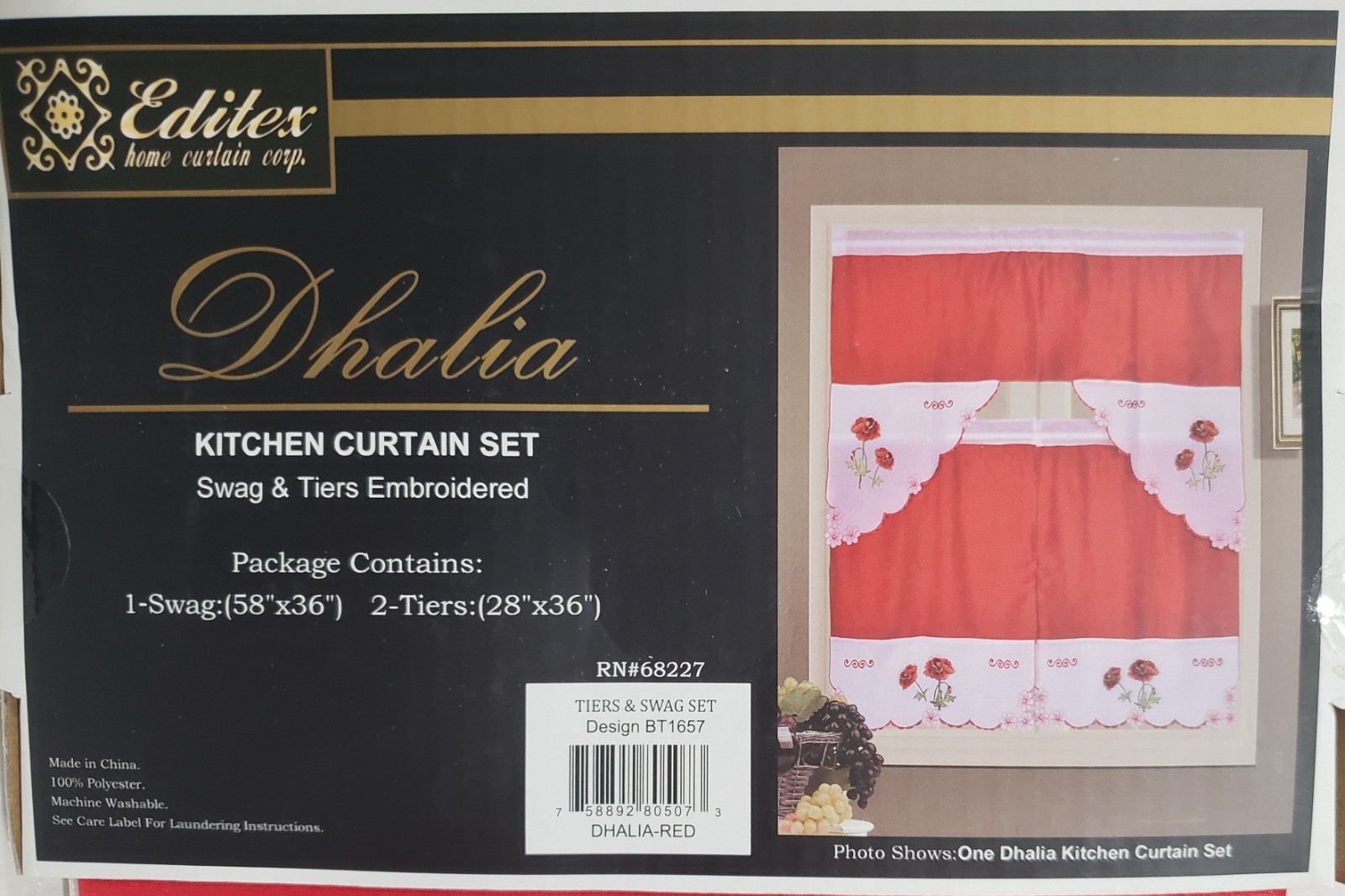 3pc. Embroidery Curtains Set: 2 Tiers & Swag(58″x36″) RED FLOWERS,DHALIA, Editex