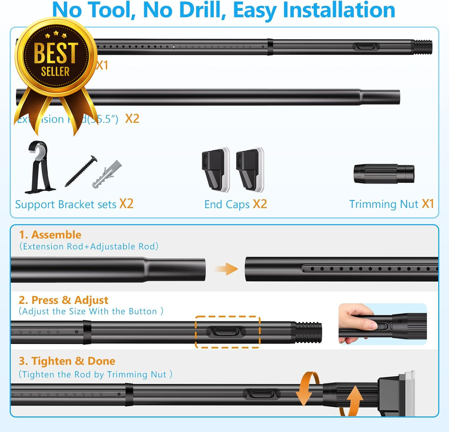 Extra Long Tension Curtain Rod 41-139in Heavy Duty No Drill Black Adjustable
