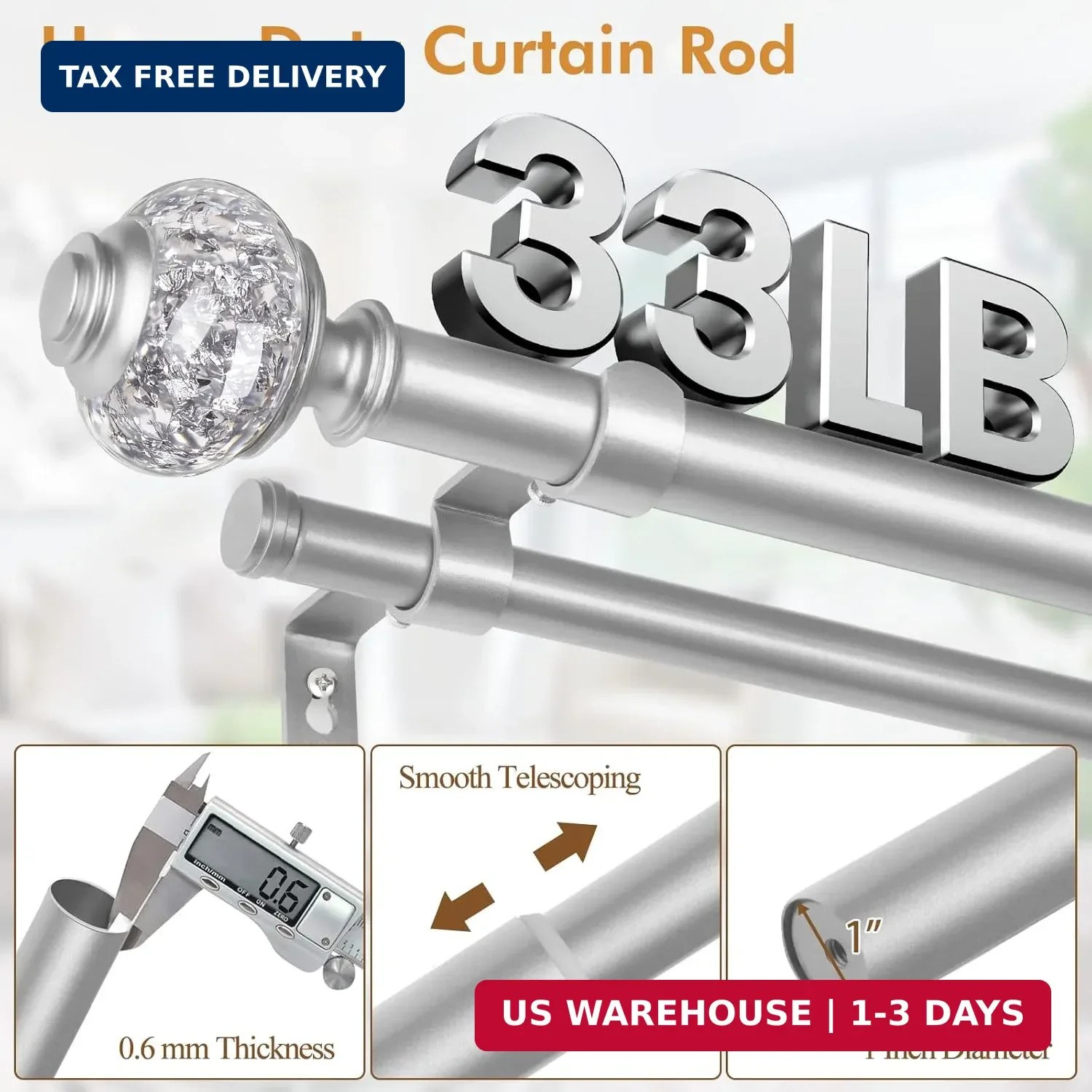 1 Inch Double Curtain Rods 72 to 144 Inches (6 to 12 ft), USFOOK Silver Drapery