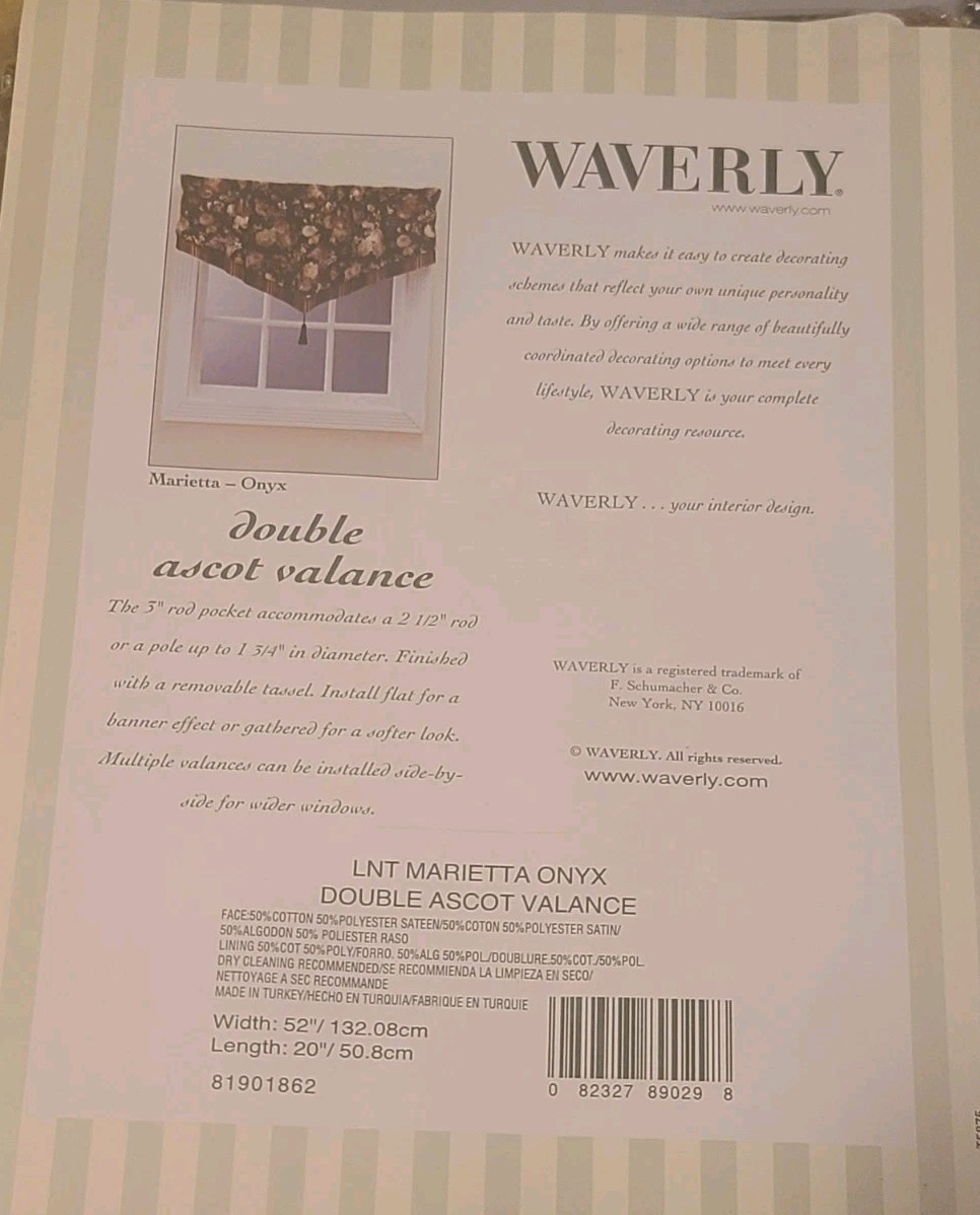 2 WAVERLY Double Ascot VALANCES MARIETTA Onyx Black ROSES Stripe 52″W x20″L