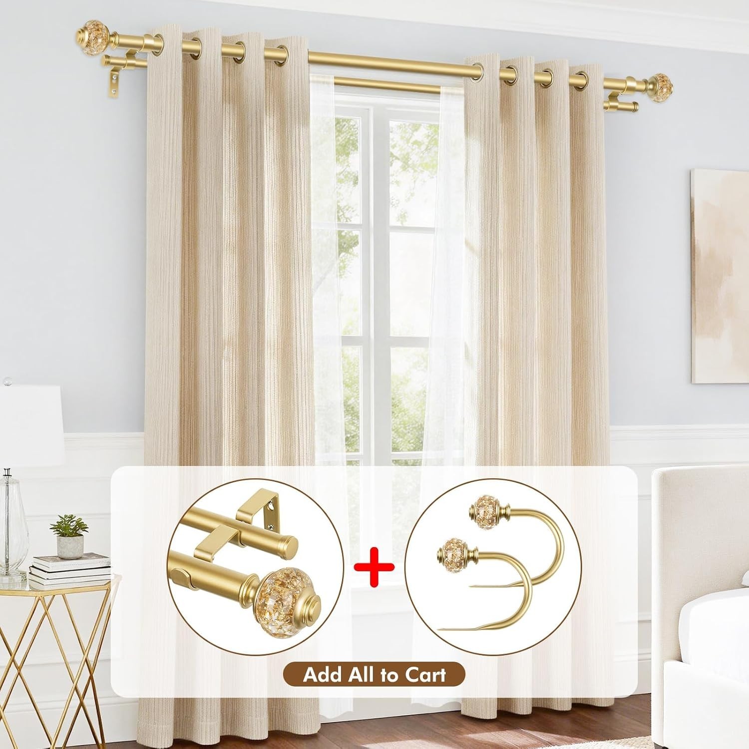 Luxury Gold Double Curtain Rods 36-72” with Crystal Finials, Eco-Friendly Design