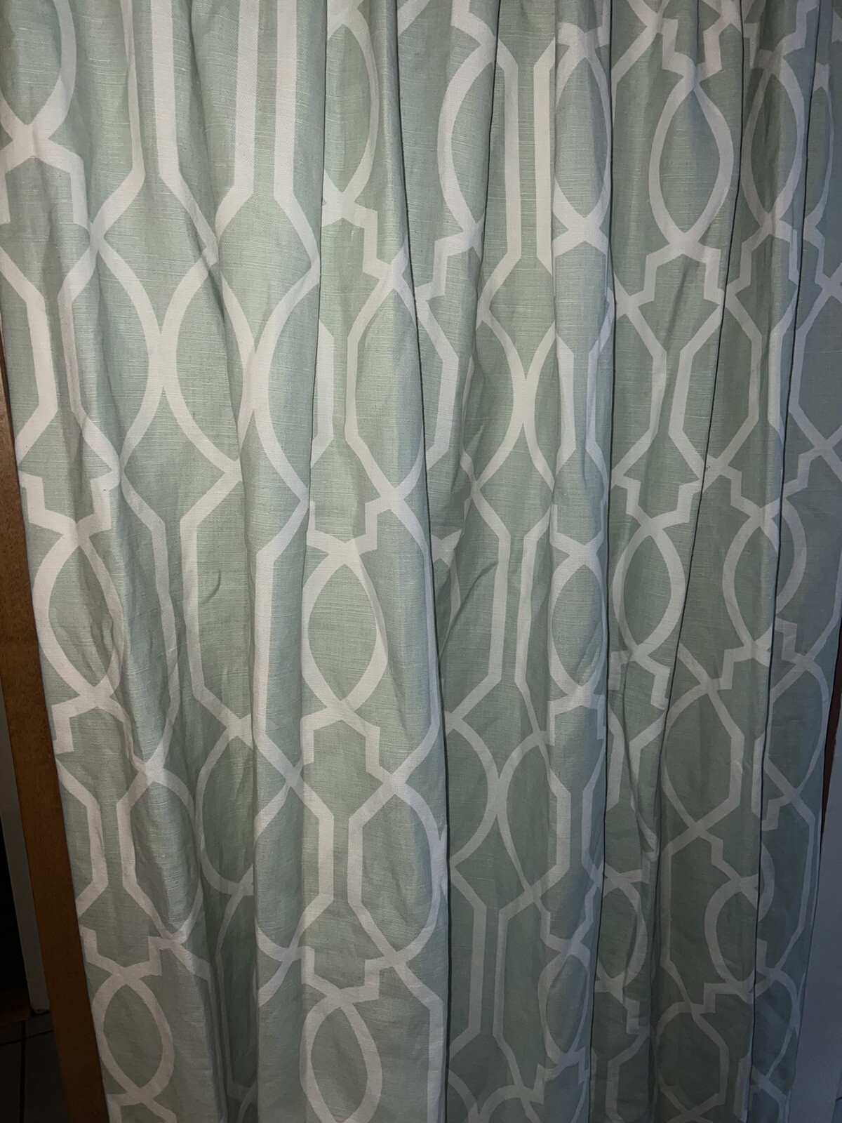 CUSTOM P KAUFMANN PINCH PLEATED DRAPES~BEAUTIFUL LIGHT GREEN~88”L~DAMAGED