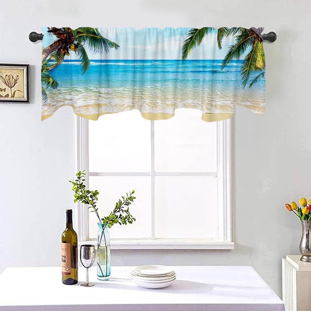 54×18 Inches Blue Sea Seaside Window Treatment Valance Coconut Tree Fine Summer