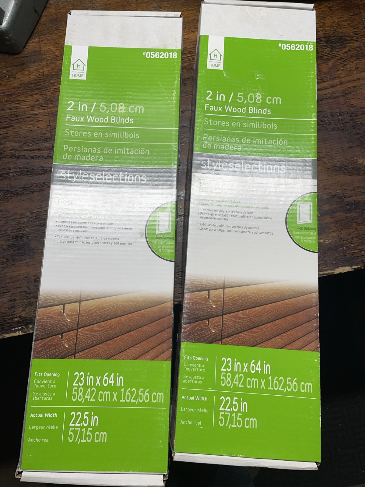 (2) Home Brand faux Wood Blinds 2” 23 x 64 Bark colored BOTH NEW IN THE BOX
