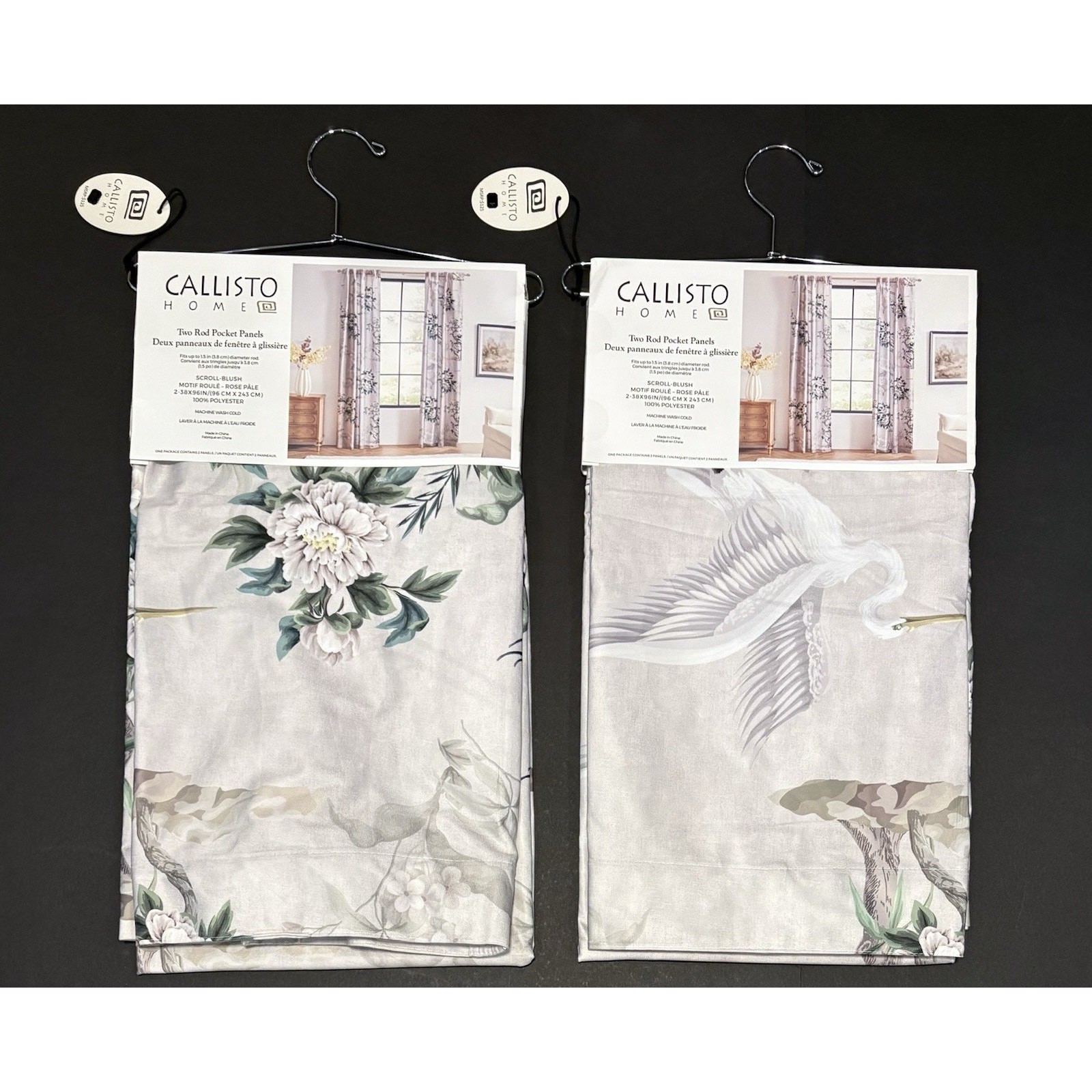 Callisto Home Heron Bird Window Curtains Panels 38 X 96” Set Of 4 Panels Blush