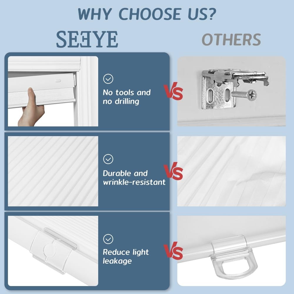 Seeye No Drill Cordless Cellular Shades Light Filtering Honeycomb Blinds For