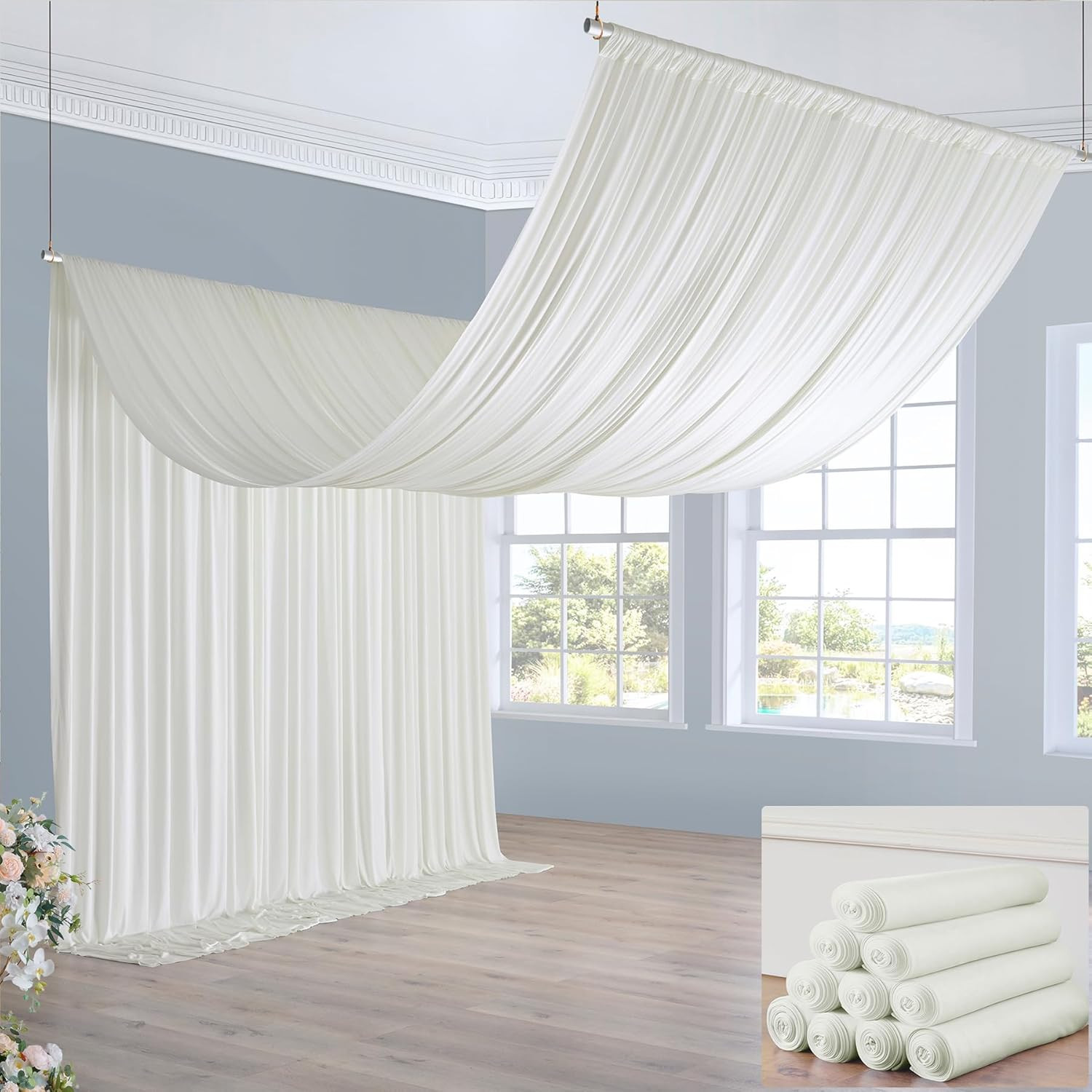 Ivory Ceiling Curtain Panels – 50Ft×20Ft Drapes for Weddings & Parties