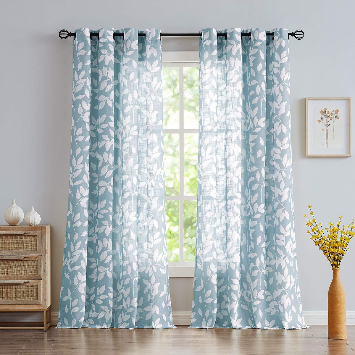 Blue White Curtains for Living Room 63″ Length Leaves Print Semi-Sheers Curta…
