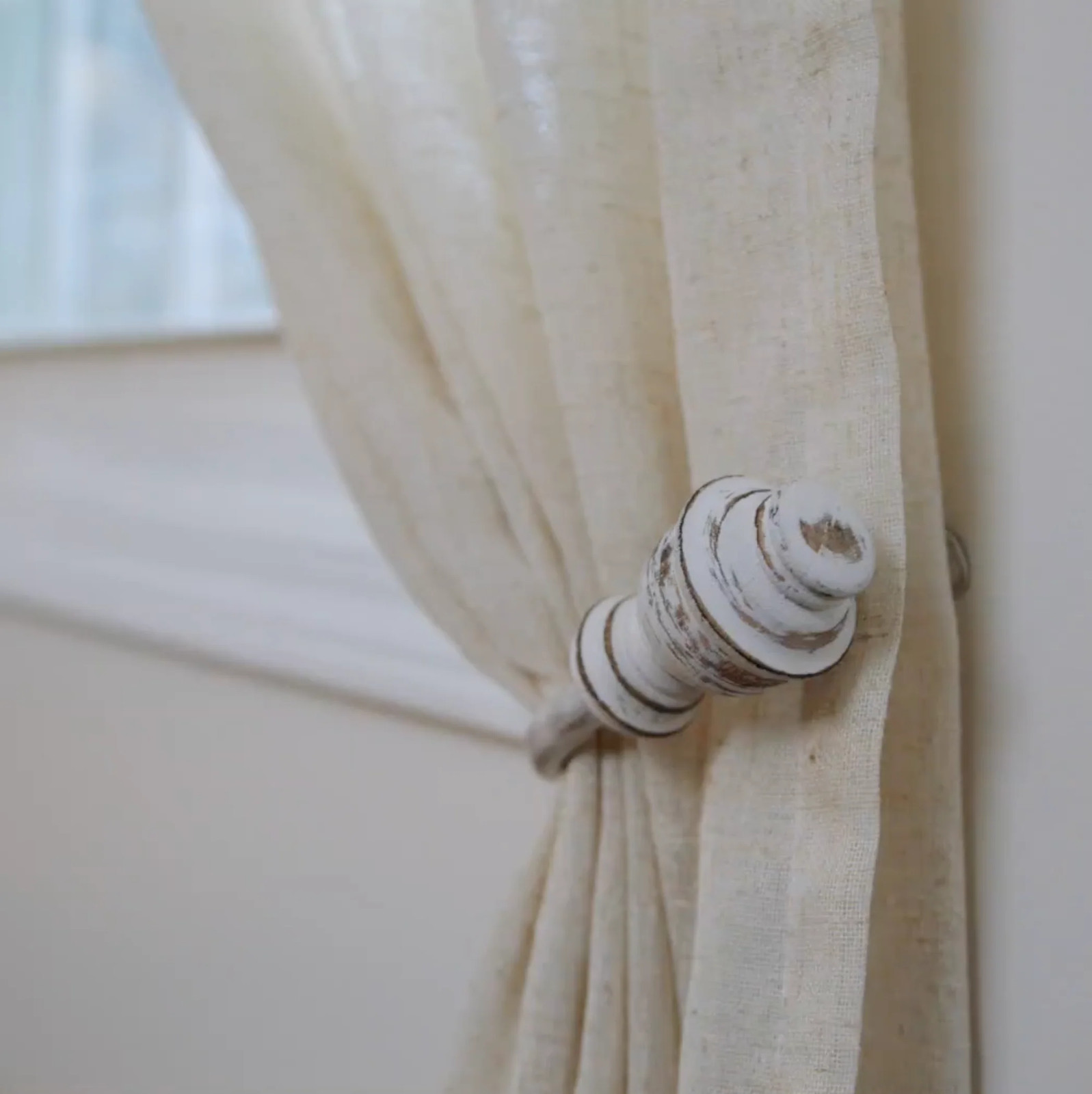Farmhouse Natural Wood Rustic Distressed Ivory White Curtain Holdbacks Set of 2