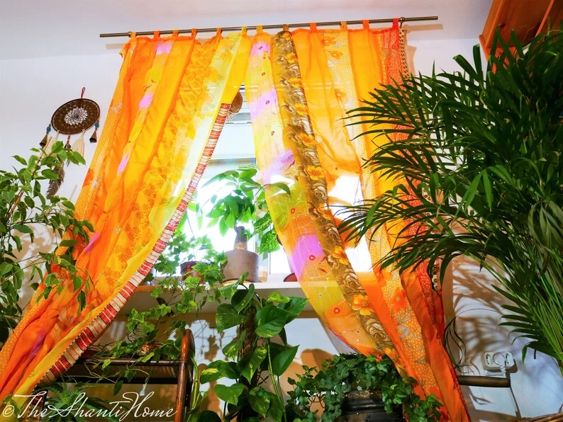2 Pc Indian Old Recycle Silk Saree Boho Multi Curtain Door Drape Decor Curtain