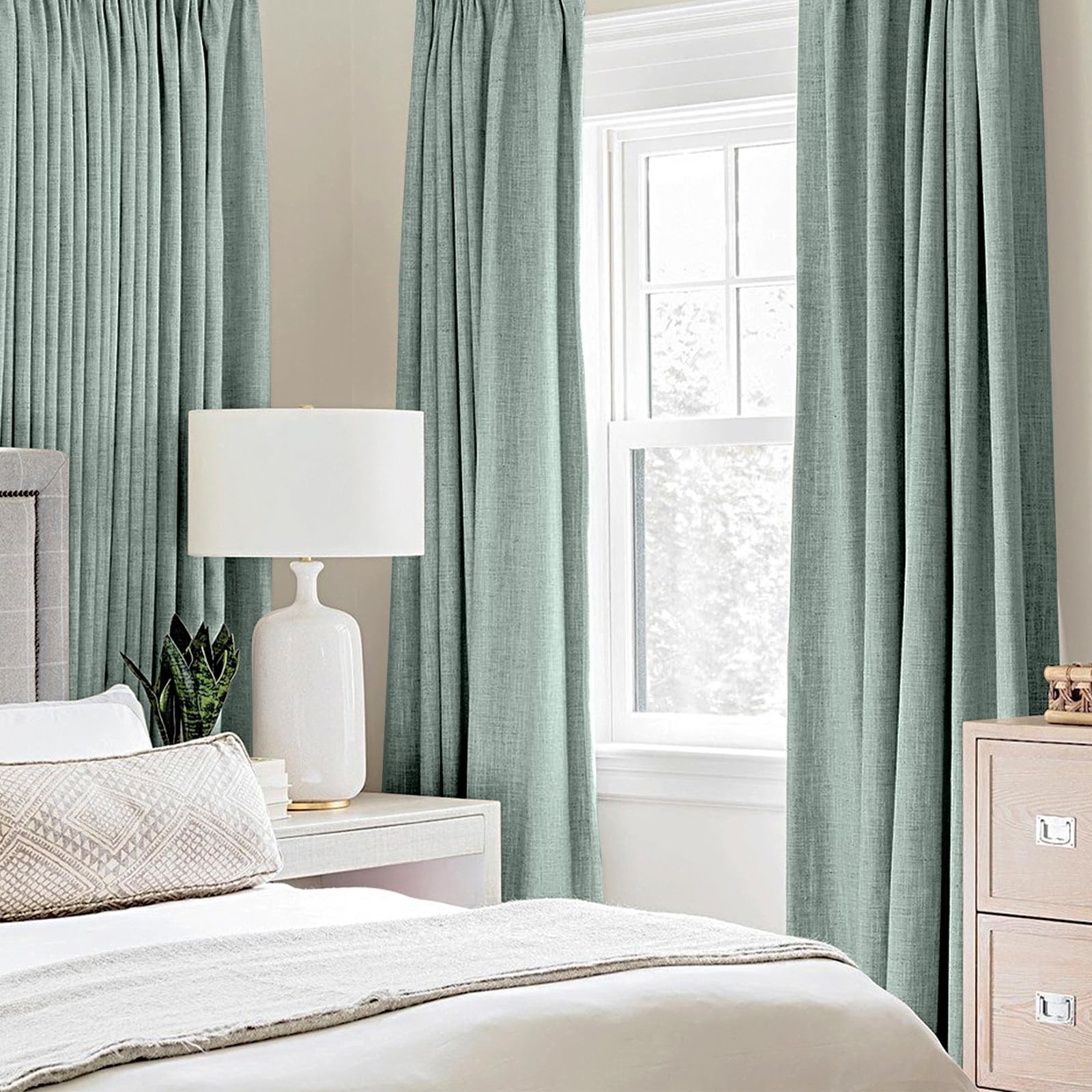 Linen Texture Curtains for Bedroom Solid 100% Blackout Thermal Insulated Seaf…