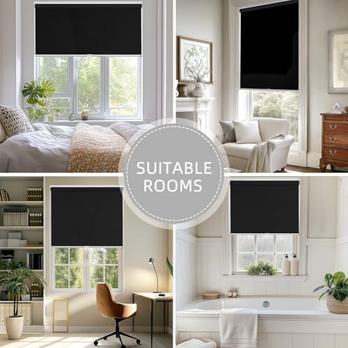 Cordless Free-Stop 100%out Blinds for Windows, Roller 22″W x 72″H Black