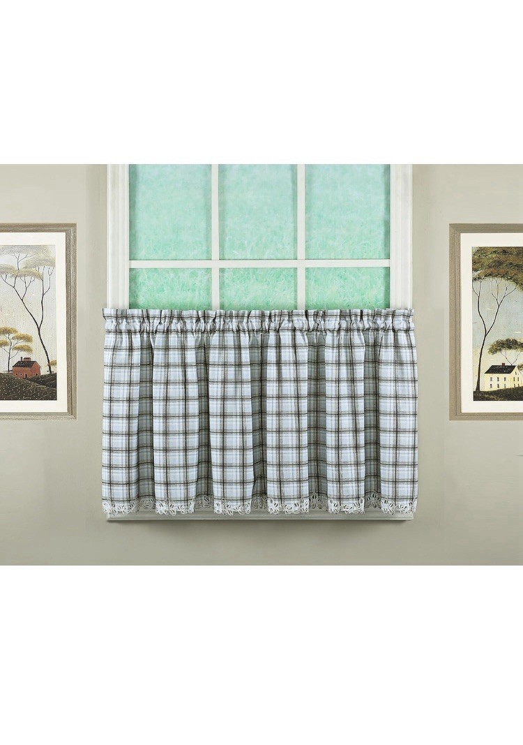 Dover Curtains, Dover Plaid Cutwork Embroidery Tier Black, 60″ W x 24″ L, 2 Set