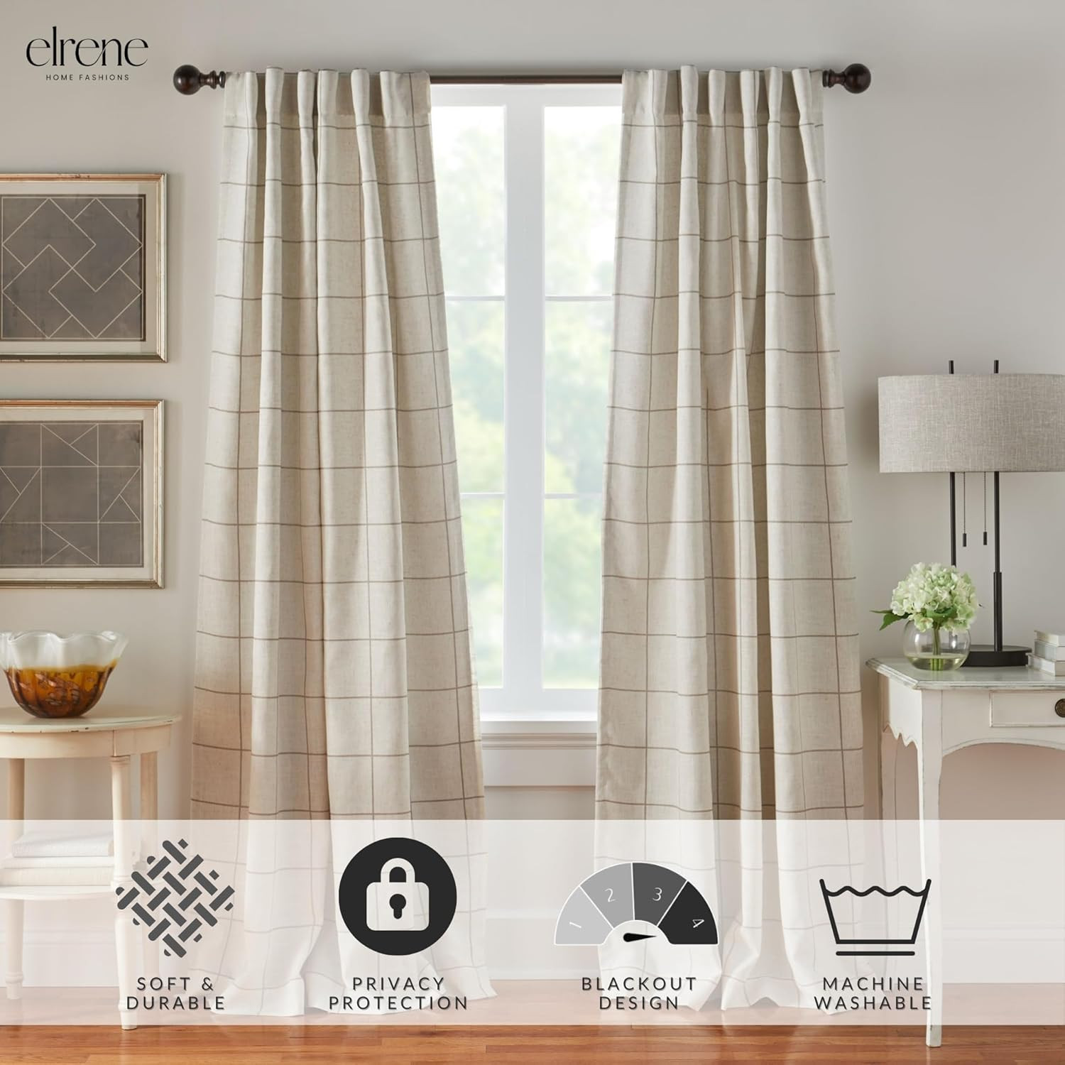 Brighton Windowpane Plaid Blackout Window Curtain Panel, Linen – 52″ W X 84″ L