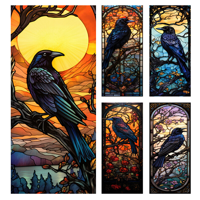 Retro Halloween Crow Flower Colorful Birds Window Glass Electrostatic Stickers