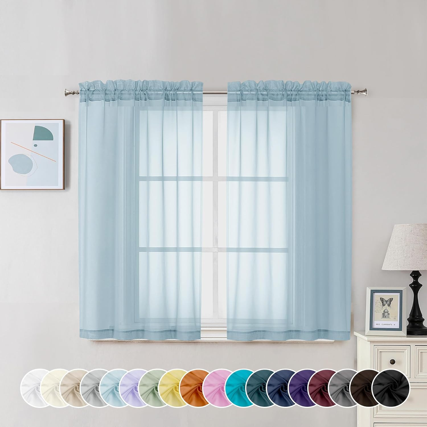 Sky Blue Sheer Curtains 45 Inch Long 2 Panels, Light Filtering Rod