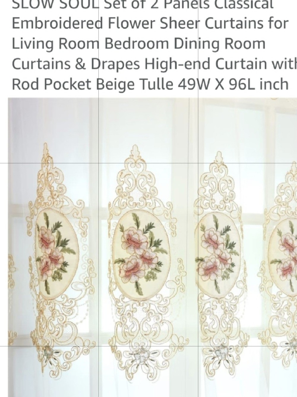 Slow Soul Classical Embroidered Flower Sheer Curtains – 2 Panels Size 49W by 96L