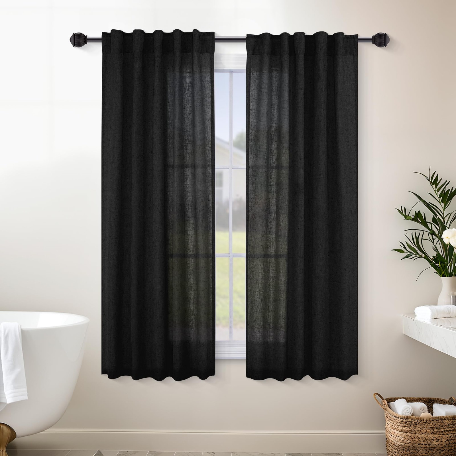 Linen Curtains 54 Inch Length 2 Panels Set for Bedroom, Back Tab Light Filter…
