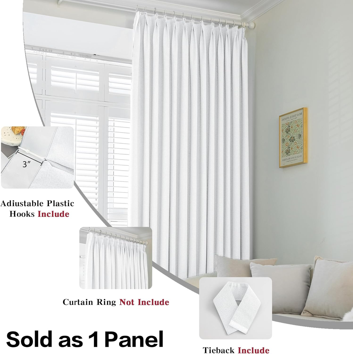 Extra Wide White Pinch Pleat Curtain, Total Blackout for Sliding Door 72″x84