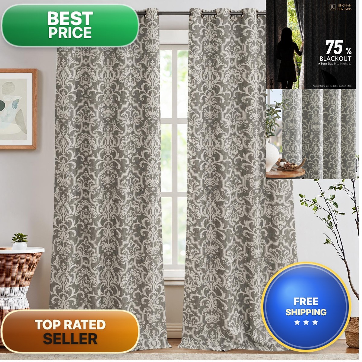 Jinchan Room Darkening Curtains For Bedroom Grey Damask Patterned Curtains 96