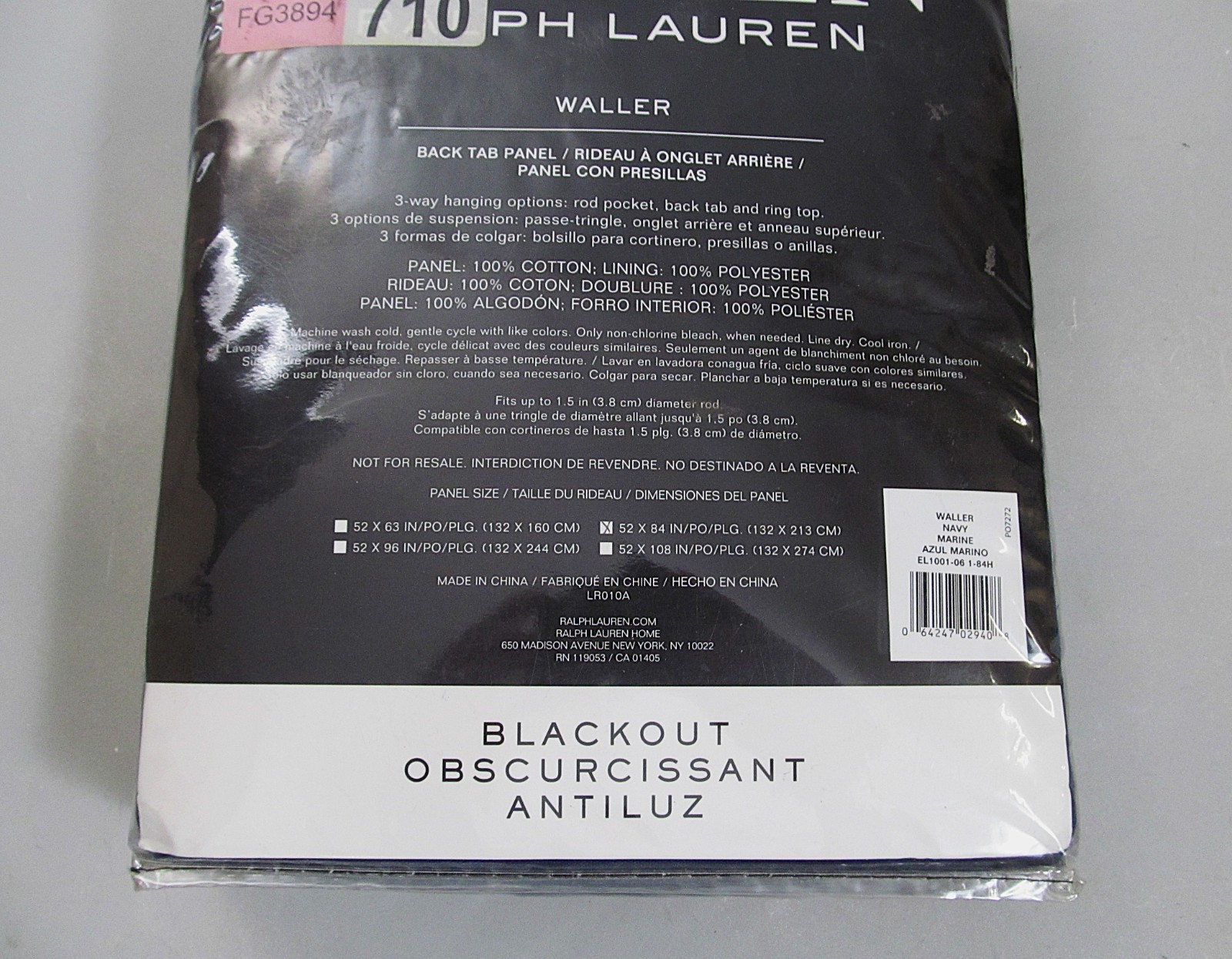Lauren Ralph Waller Blackout Back Tab/Rod Pocket Navy Curtain Panel 52×84 in New