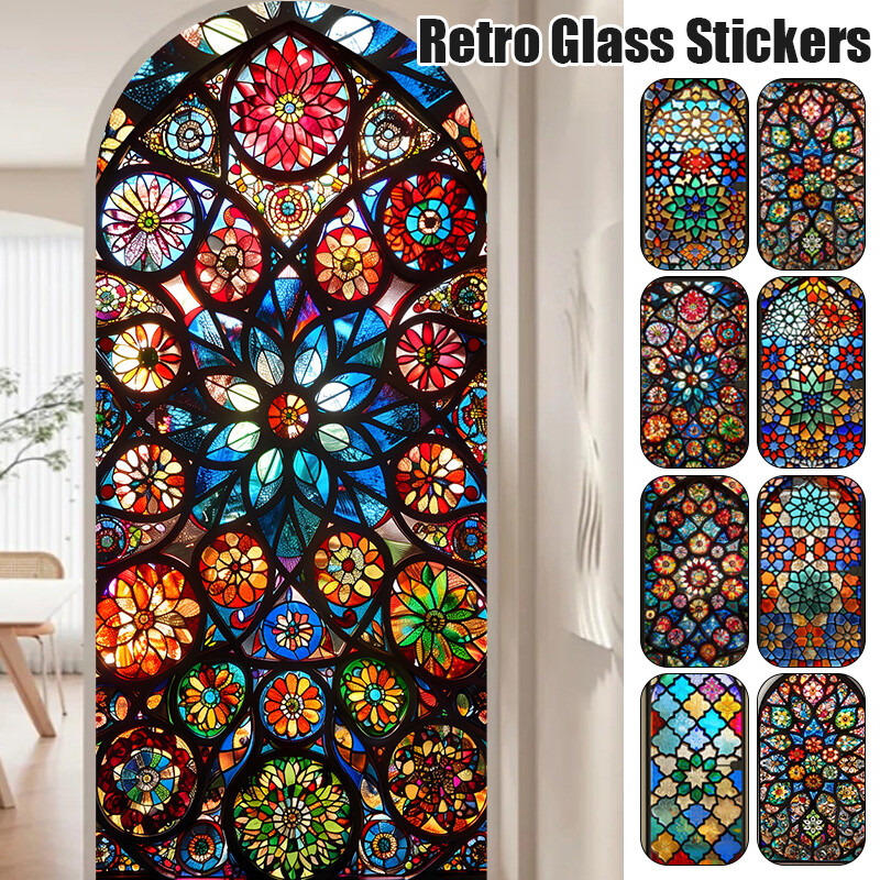 Retro Rose Printed Stained Glass Sticker Back Adhesive Cling Bathroom Decor.