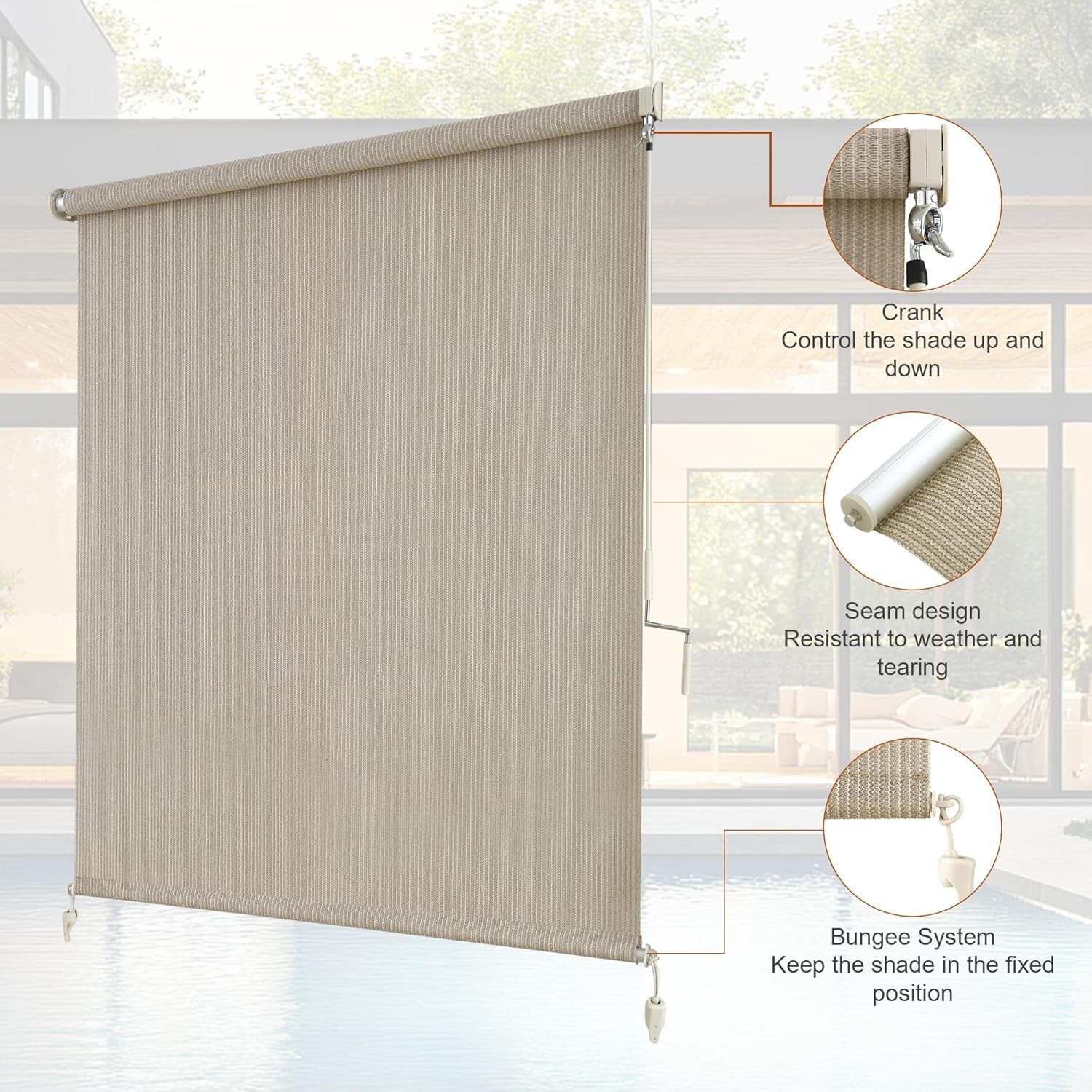 Outdoor Roller Shades Cordless Patio Blinds Roll Up for Porch Balcony Backyard