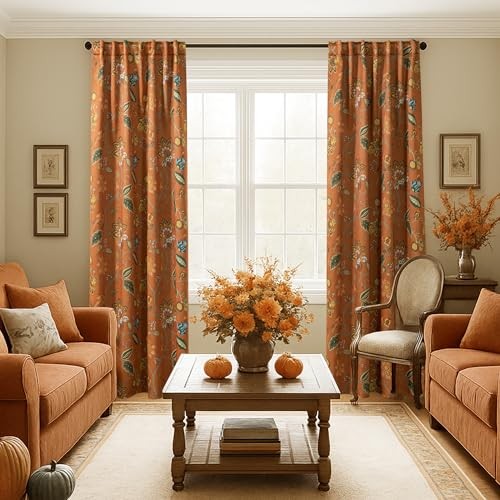 Burnt Orange Boho Blackout Curtains 84″ Floral Pattern