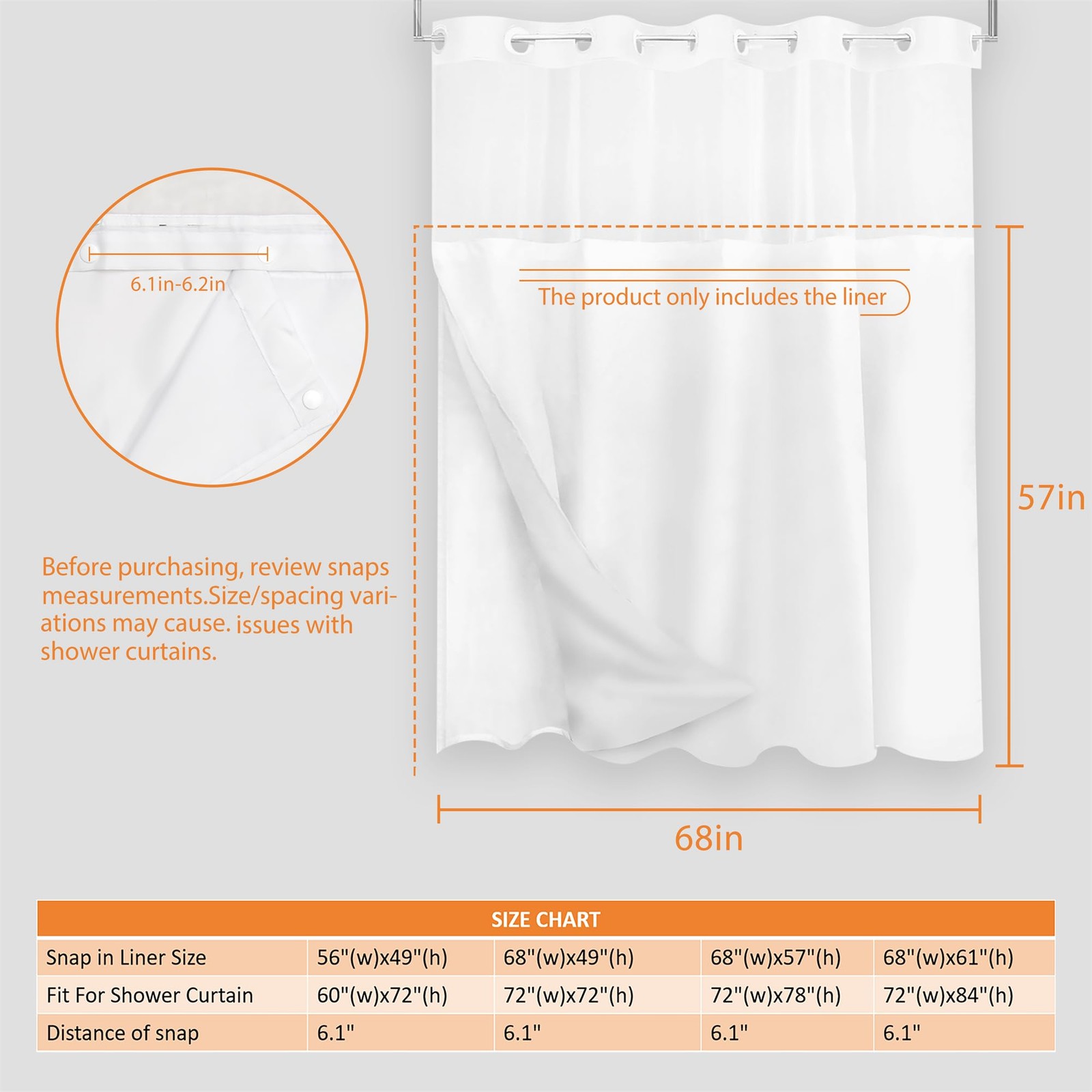 Tititex Fabric Snap-in Replacement Shower 68″W x 57″L (Pack of 1), White