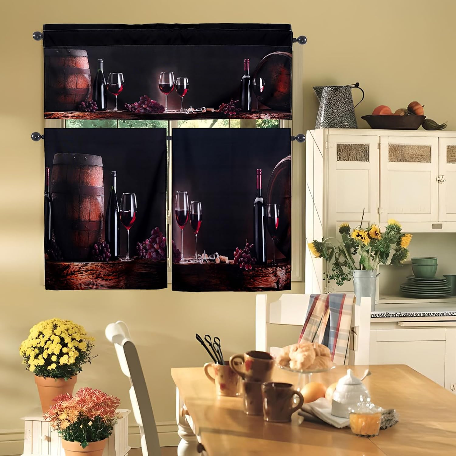 Wine Kitchen Curtains and Valances Set – 3 Piece Kitchen Curtains 36 Inch
