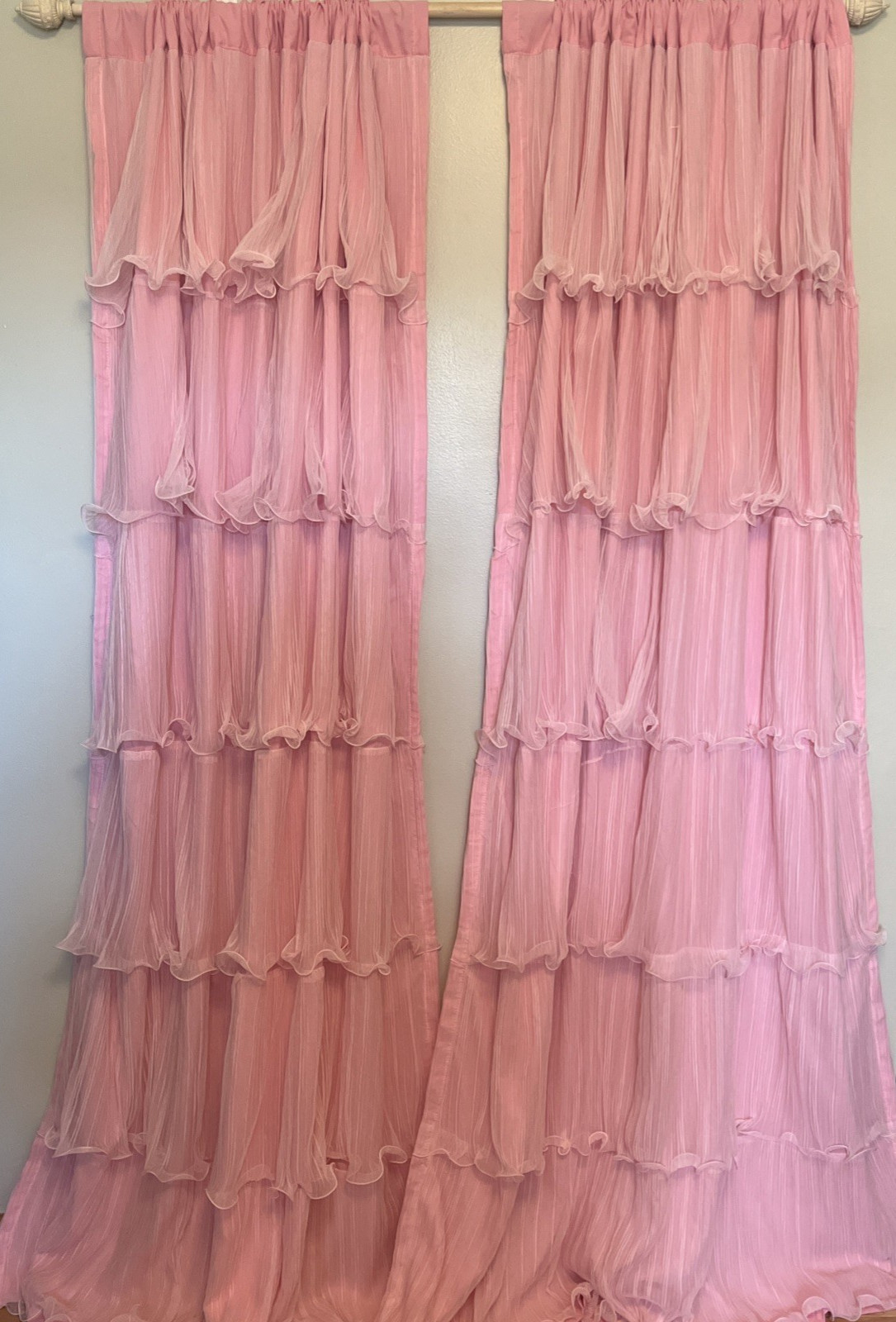 2 Lush Pink Tiered Ruffle Curtain Panels 54 x 84 Flowy Fairy Princess