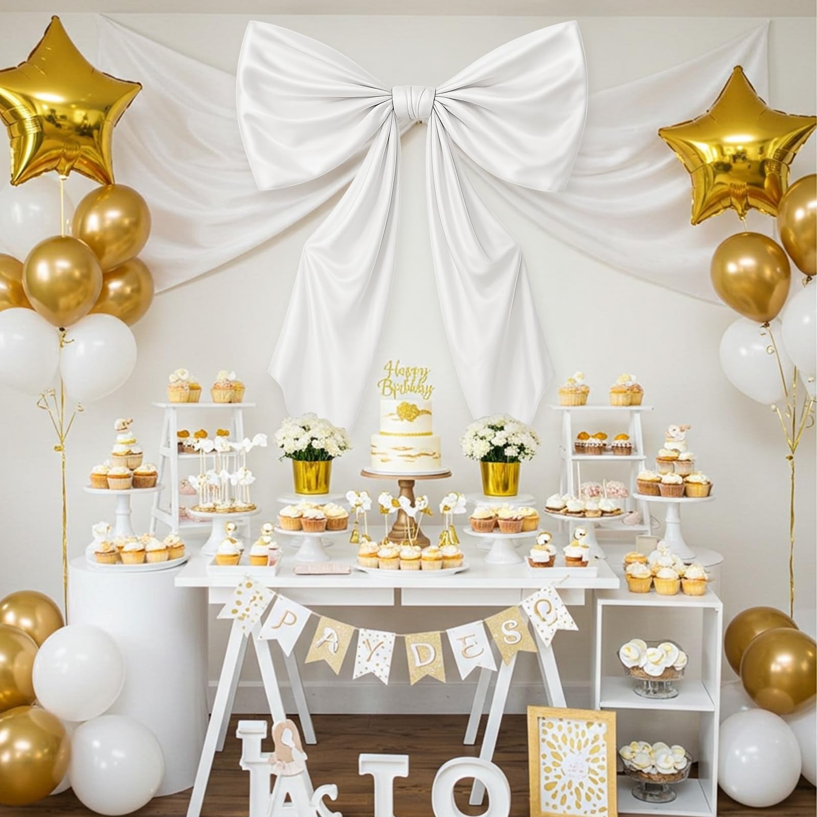 Large White Satin Big Bow Party Backdrop Wall Hanging Room Decor 43×24 Inch
