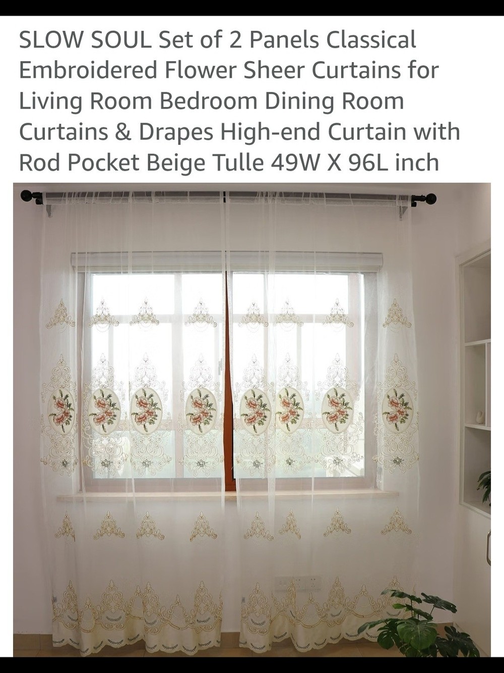 Slow Soul Classical Embroidered Flower Sheer Curtains – 2 Panels Size 49W by 96L